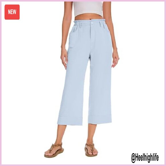 Summer Capri Pants Drawstring Waist Wide Leg Loose Fit Casual Trousers - Picture 6 of 7